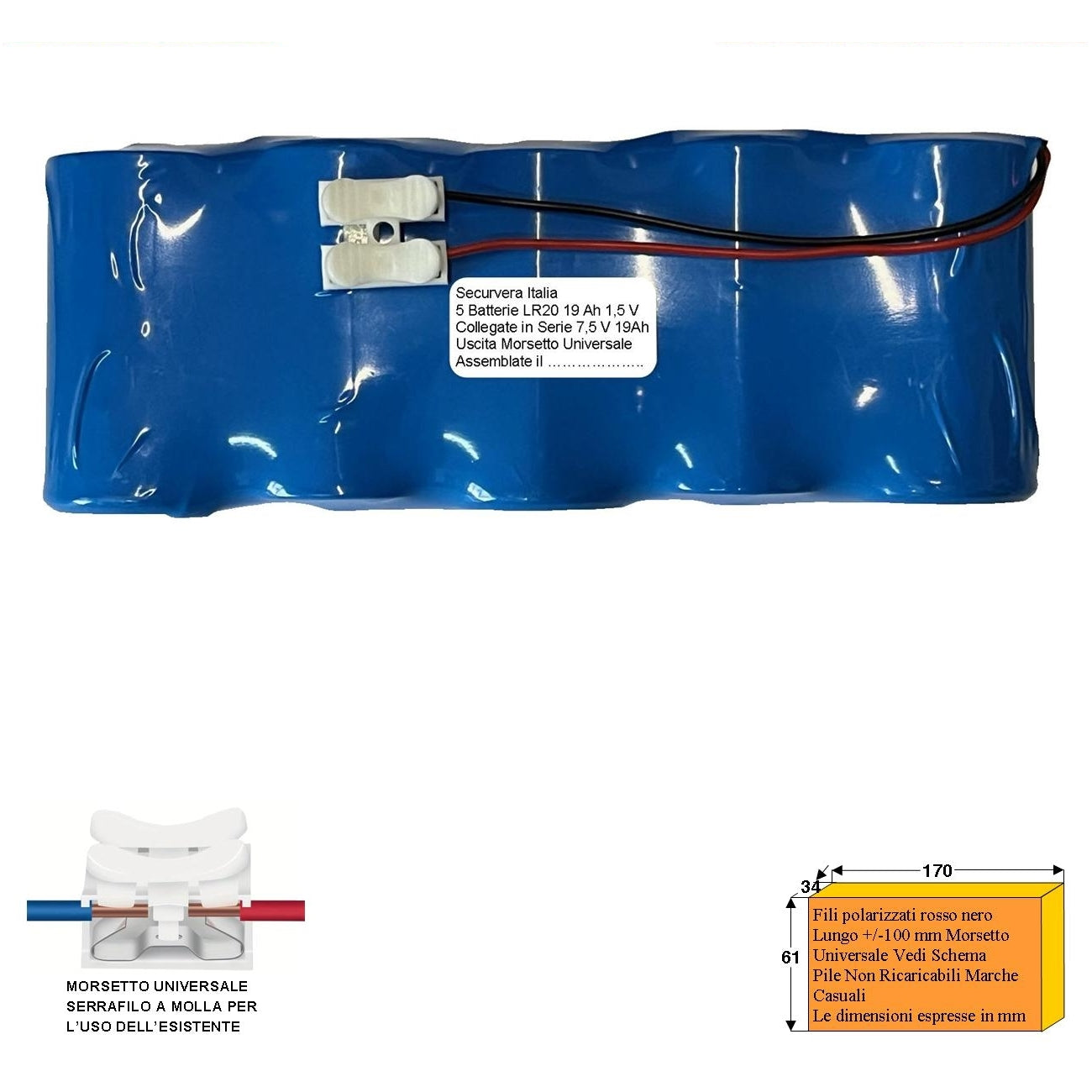 PACCO BATTERIA 7,5V 19AH 5 PILE ALCALINE Securvera SV-BSUBTSVCUA