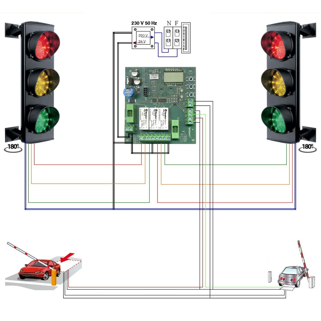 IMPIANTO SEMAFORI 3 LUCI LED ROSSO GIALO VERDE 24V Securvera SK-STLISSM2SB