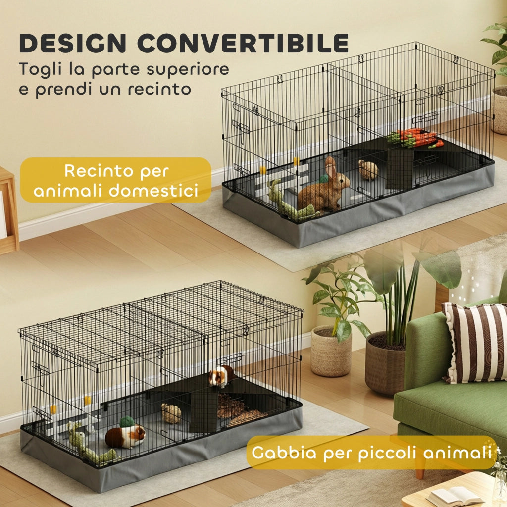 Gabbia per Animali Piccoli 2 in 1, Coperchio Rimovibile e Sezioni Separate, 121x61x61 cm, Nero