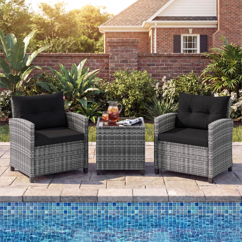 Set mobili da esterno 3 pezzi con vetro temperato morbidi cuscini, Set sedie e tavolo in rattan per balcone veranda e giardino Nero