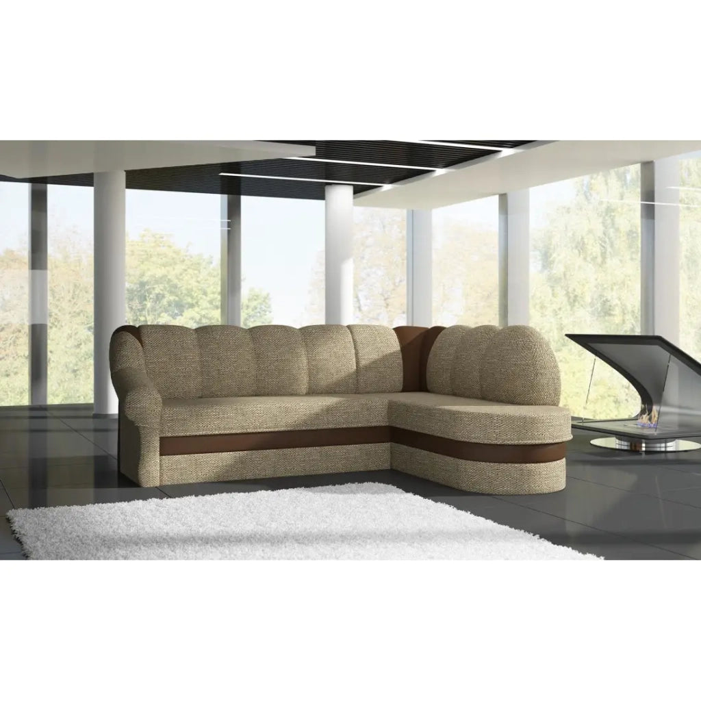 Divano angolare destro trasformabile BENANA 250 cm beige e marrone con contenitore