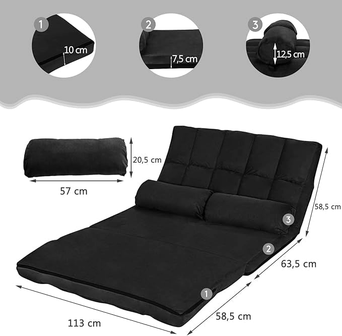 Divano Letto da Terra con 2 Cuscini, Divano Letto Pieghevole con Schienale Regolabile a 6 Livelli, Ideale per Camera da Letto e Soggiorno (Nero)