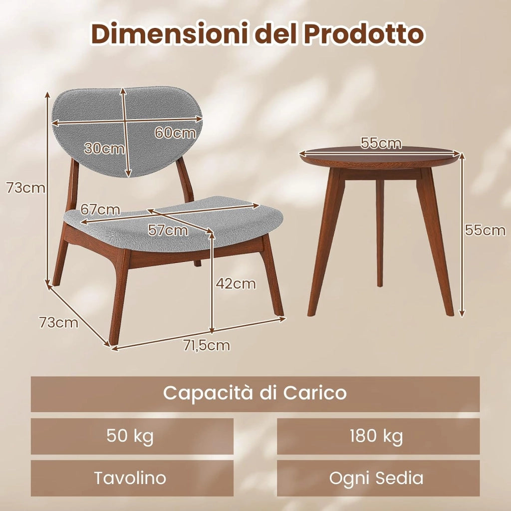 Sedie in Set di 2 con Tavolino, Sedie Relax da Salotto Imbottite in Tessuto di Velluto di Pecora con Struttura in Legno Massello, Sedia Ergonomica da Lettura per Soggiorno (Grigio)