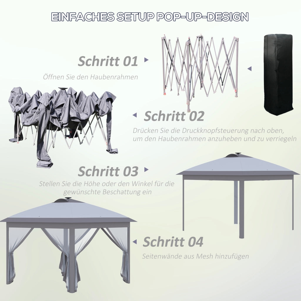 Gazebo 3;3 x 3;3 m con illuminazione LED; tende a rete; borsa da trasporto; grigio