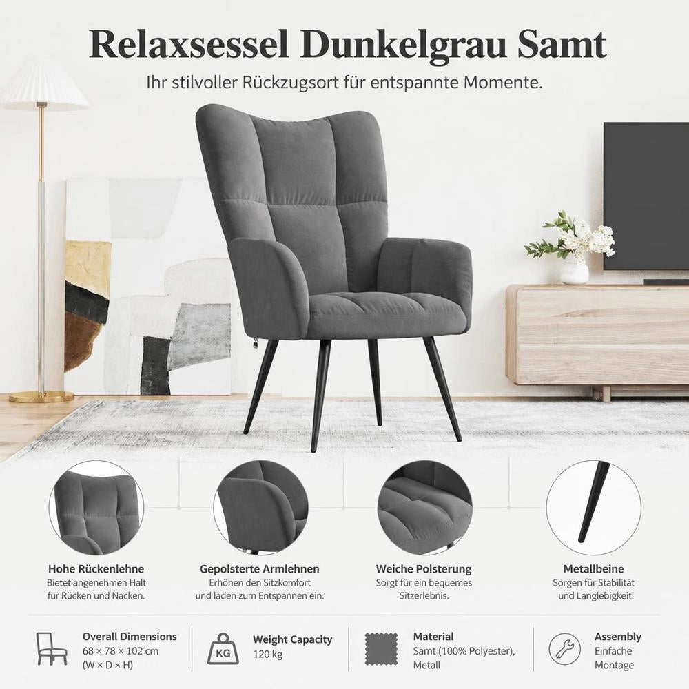 Reclining Armchair In Dark Grey Velvet