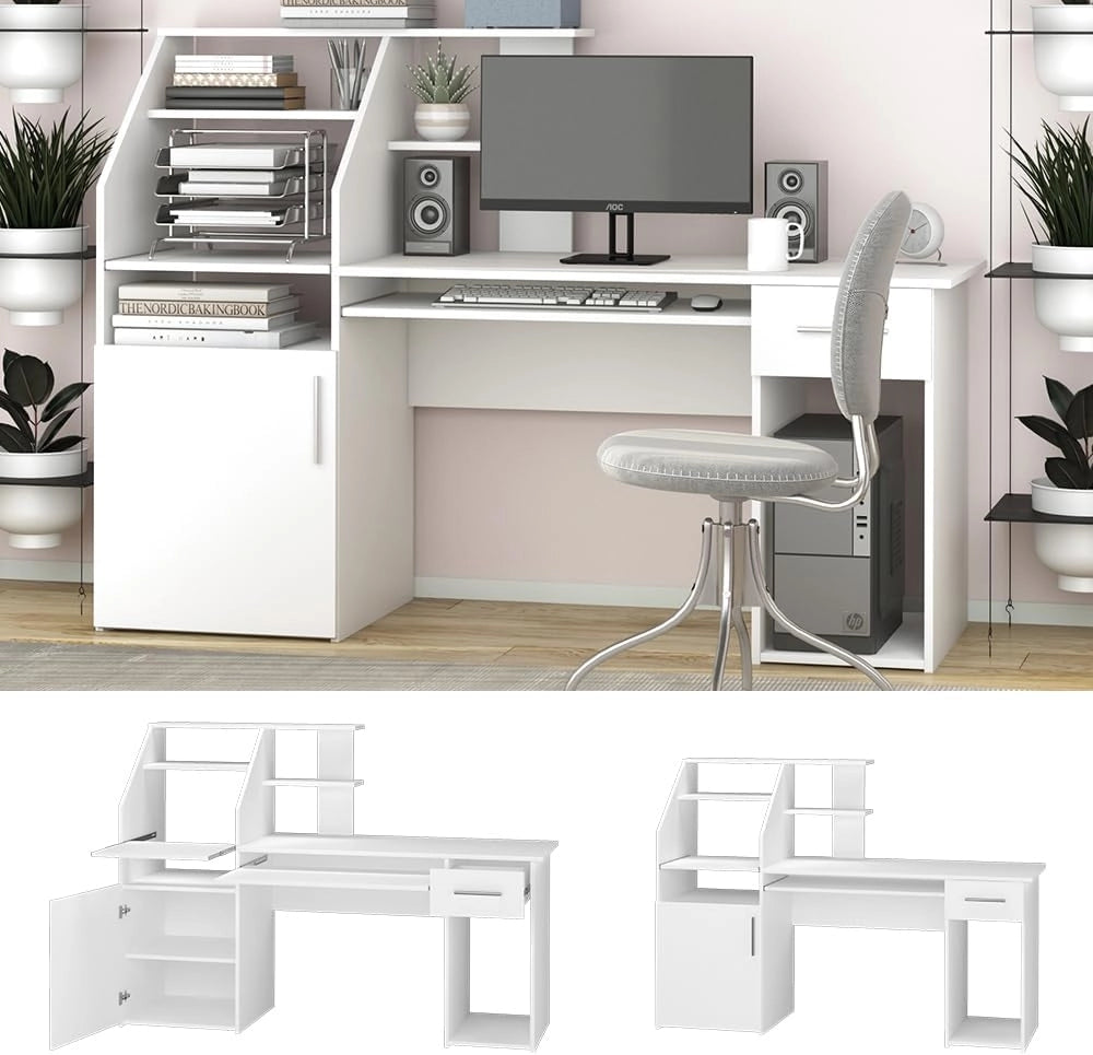Scrivania Edwin, Bianco, 166 x 50.5 cm, con ripiano aperto e vano per unità di sistema