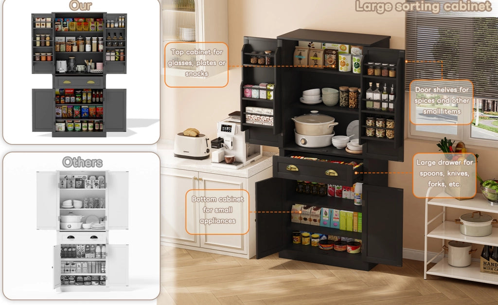 Mobile contenitore alto con 1 cassetto; 4 ripiani regolabili e 6 vani portaoggetti; nero; 80x40x182 cm