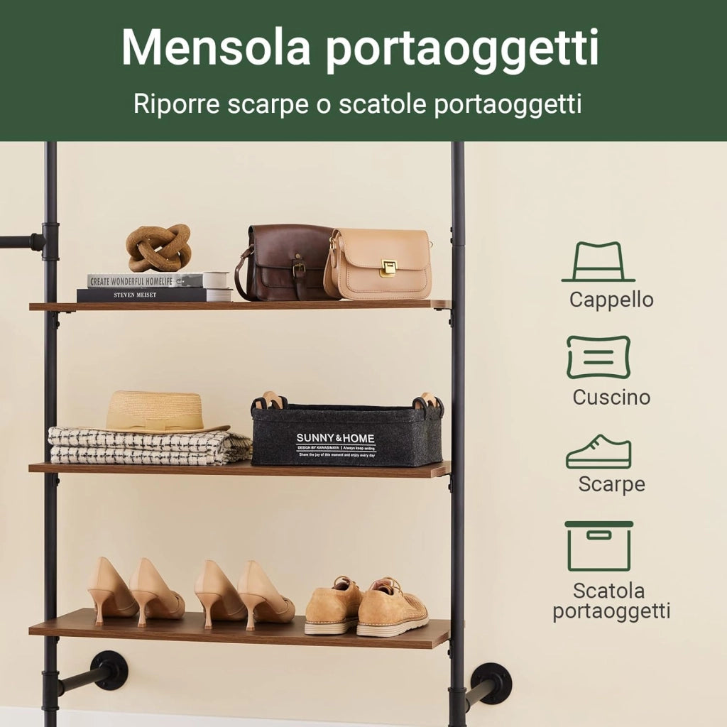Appendiabiti a Parete con 3 Aste Appendiabiti + 3 Ripiani MDF, Porta Abiti per Camera da Letto, 168x46x220cm, Industriale Nero KLS18-SCH