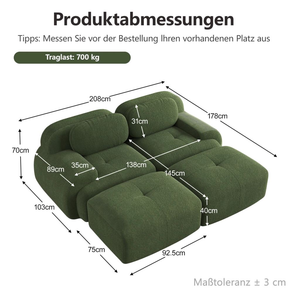 Divano angolare modulare in velluto a coste verde 208x178x70 cm; senza telaio