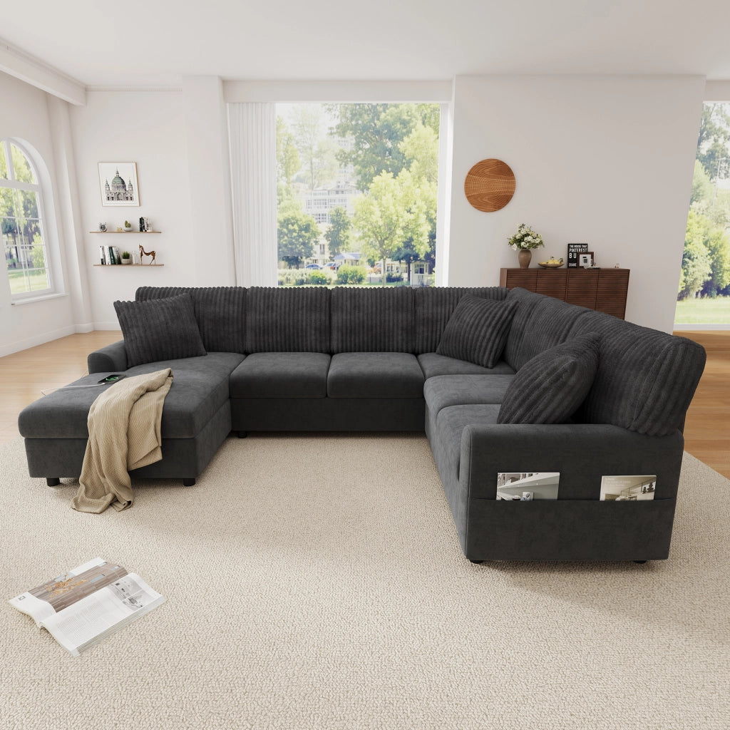 Divano angolare a U con chaise longue; 3 cuscini; USB e Type-C in chenille grigio