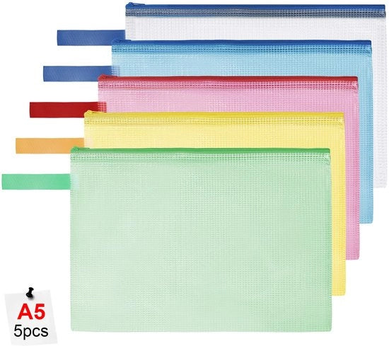 Documenti A5, 5-pack di borse acqua resistenti con cerniera, tas di plastica trasparente con cerniera, borsa documenti per scuola, casa, ufficio, viaggi, cosmetici, 5 colori