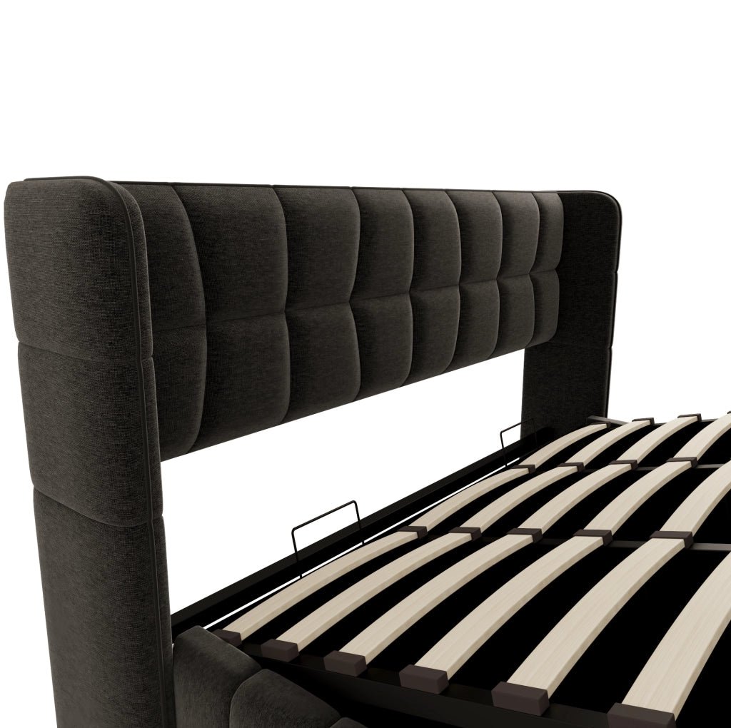 Letto imbottito 213x188x101 cm con vano contenitore in tessuto grigio