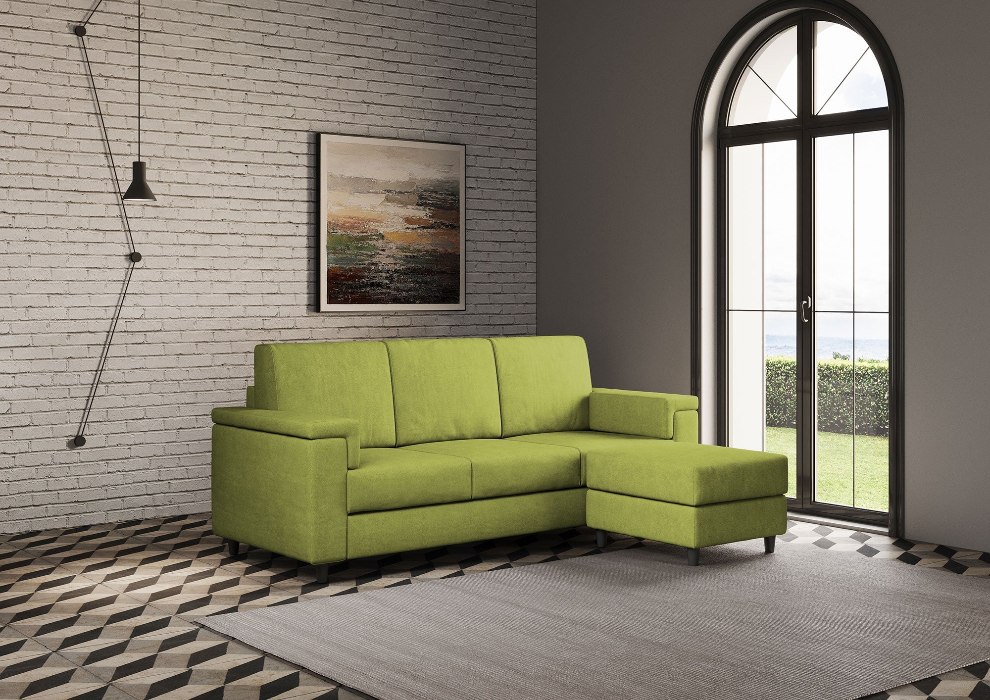 Divano 3 Posti con Pouf 208x155x85 cm Marrak in Tessuto Verde