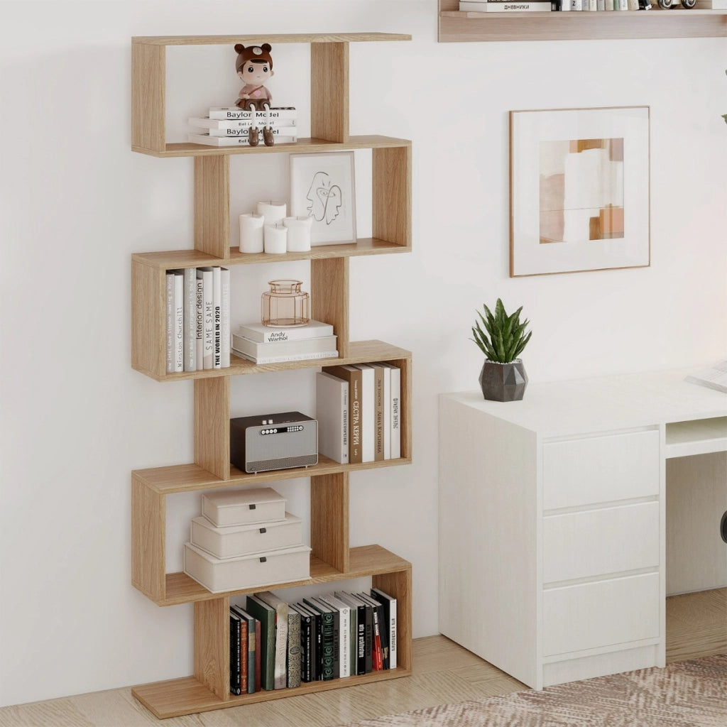 Libreria a 6 livelli a forma di S con dispositivo antiribaltamento-Scaffale di legno per casa e ufficio Legno naturale