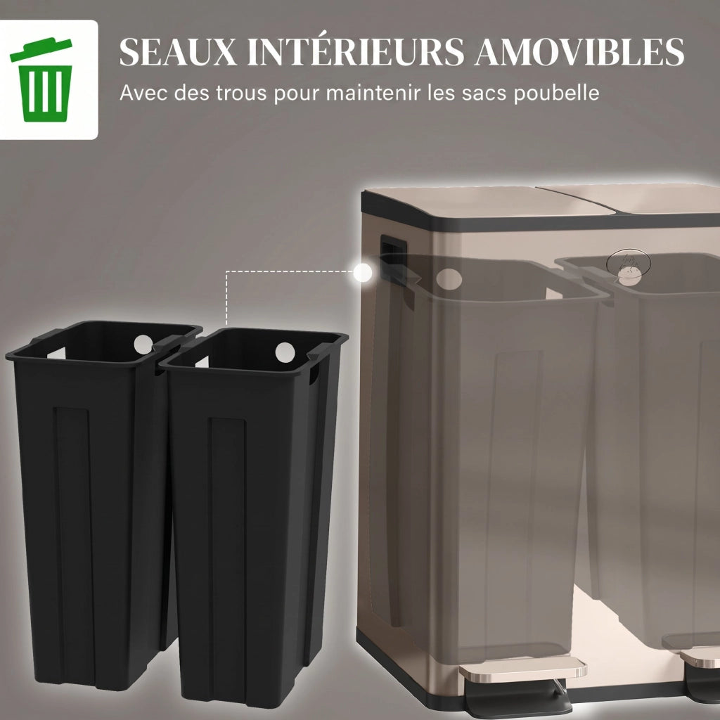 Bidone della spazzatura 2 scomparti 2x20L ¨C zephmum ¨C inox dorato 45.8x36x51.6cm