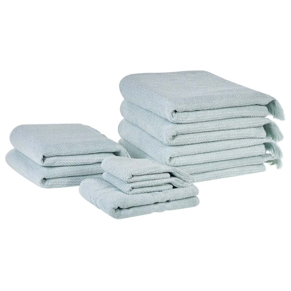 Set di 9 asciugamani bagno in spugna di cotone verde menta con nappe decorative
