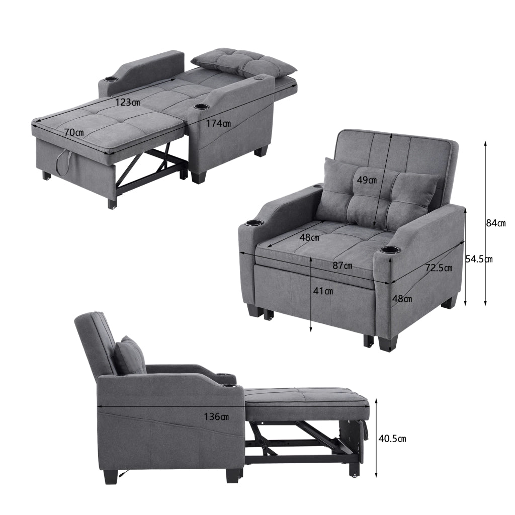 Poltrona letto 3 in 1 con schienale regolabile, porta USB, porta bicchieri e tasca laterale, grigio scuro 74 × 87 × 84 cm