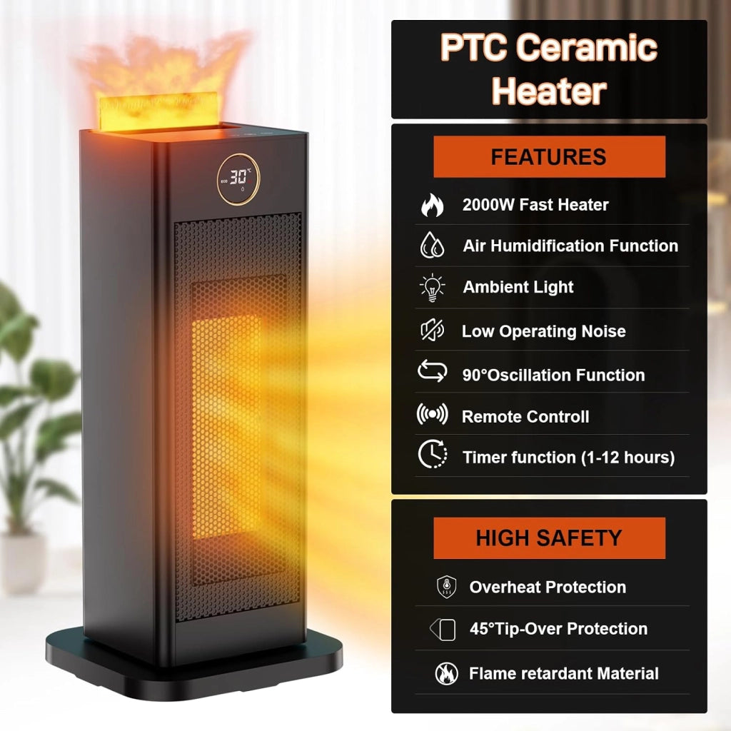 Termoventilatore piccolo con funzione di umidificazione e luce ambientale, 2000 W, riscalda rapidamente, silenzioso, timer 12 ore, 3 modalità, protezione antiribaltamento, riscaldamento elettrico con