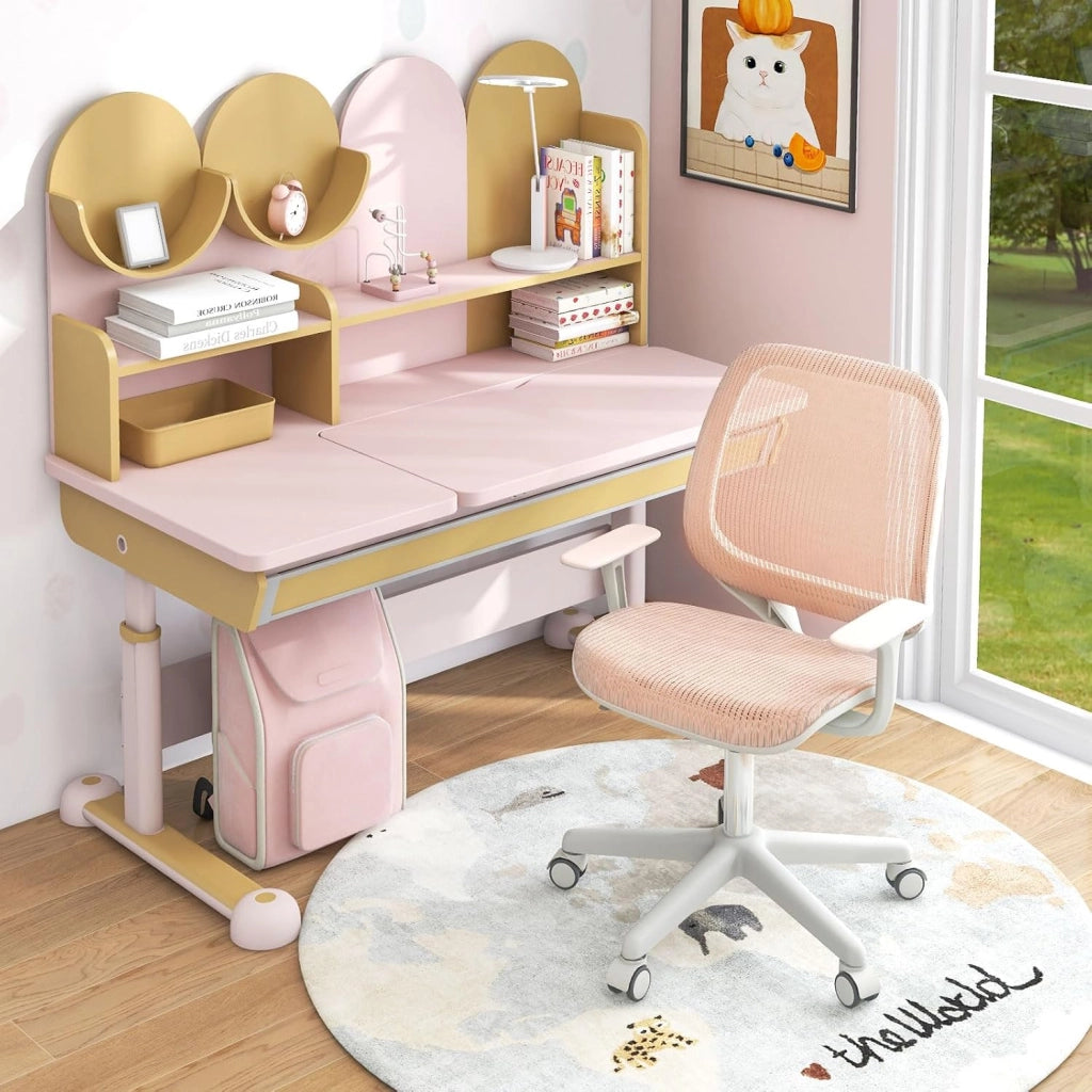 Sedia da Scrivania Girevole per Bambini (Rosa, Rullo di Pressione) | con Altezza Regolabile, 5 Ruote, Braccioli Morbidi, Mobile Ergonomica per Bambini 6-15 Anni
