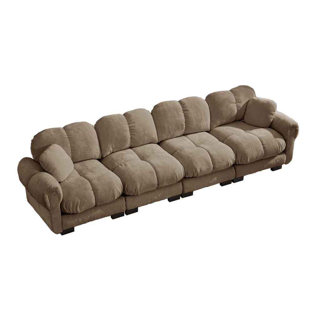 Divano modulare in chenille marrone con cuciture trapuntate; cuscini spessi e 330x86x90 cm