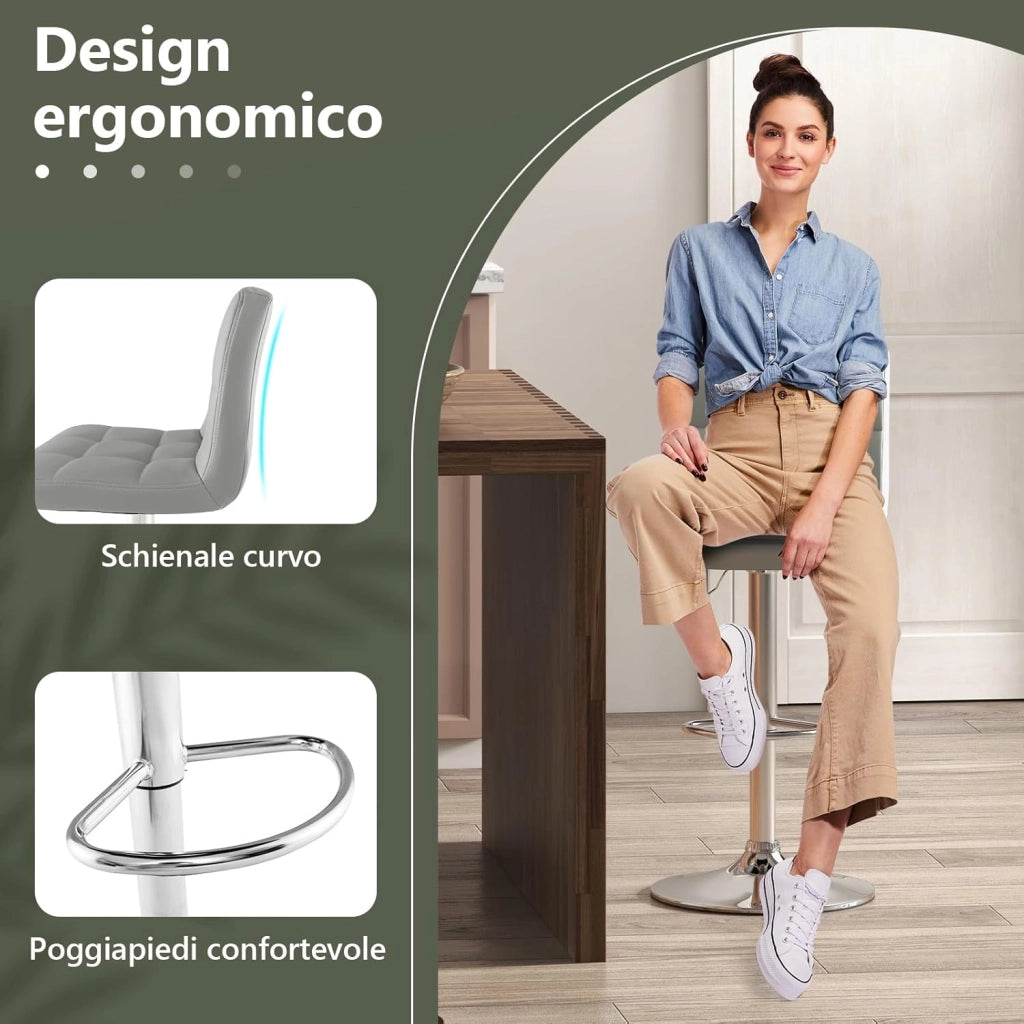 Sgabello Regolabile in Altezza in Ecopelle, Sgabello Cucina Girevole a 360° con Poggiapiedi e Base Metallica Antiscivolo, Sedia Portata 150 kg per Sala da Pranzo e Penisola Cucina (Grigio,2)