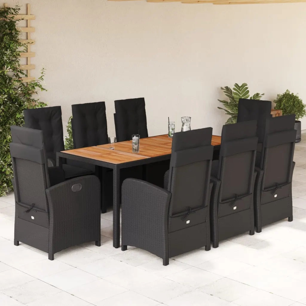 Set da Pranzo da Giardino 9 pz con Cuscini Nero in Polyrattan