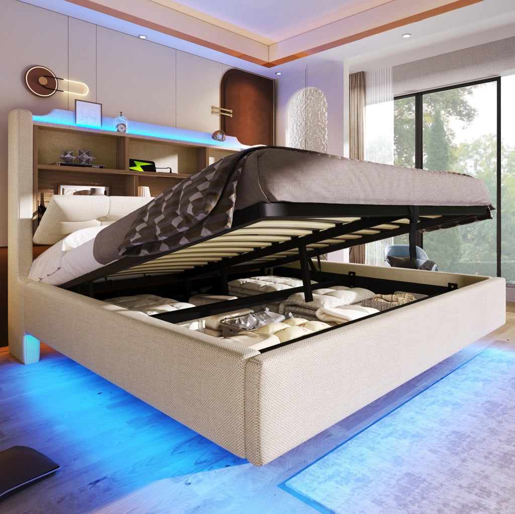 Letto imbottito 140x200 cm con contenitore idraulico e LED beige