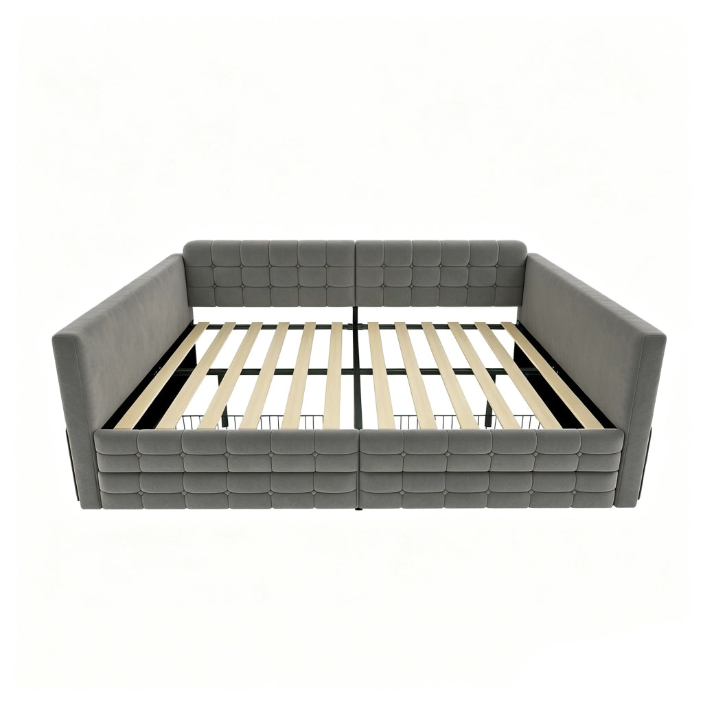 Letto imbottito 140x190 cm in velluto grigio con cassetti e tasche laterali