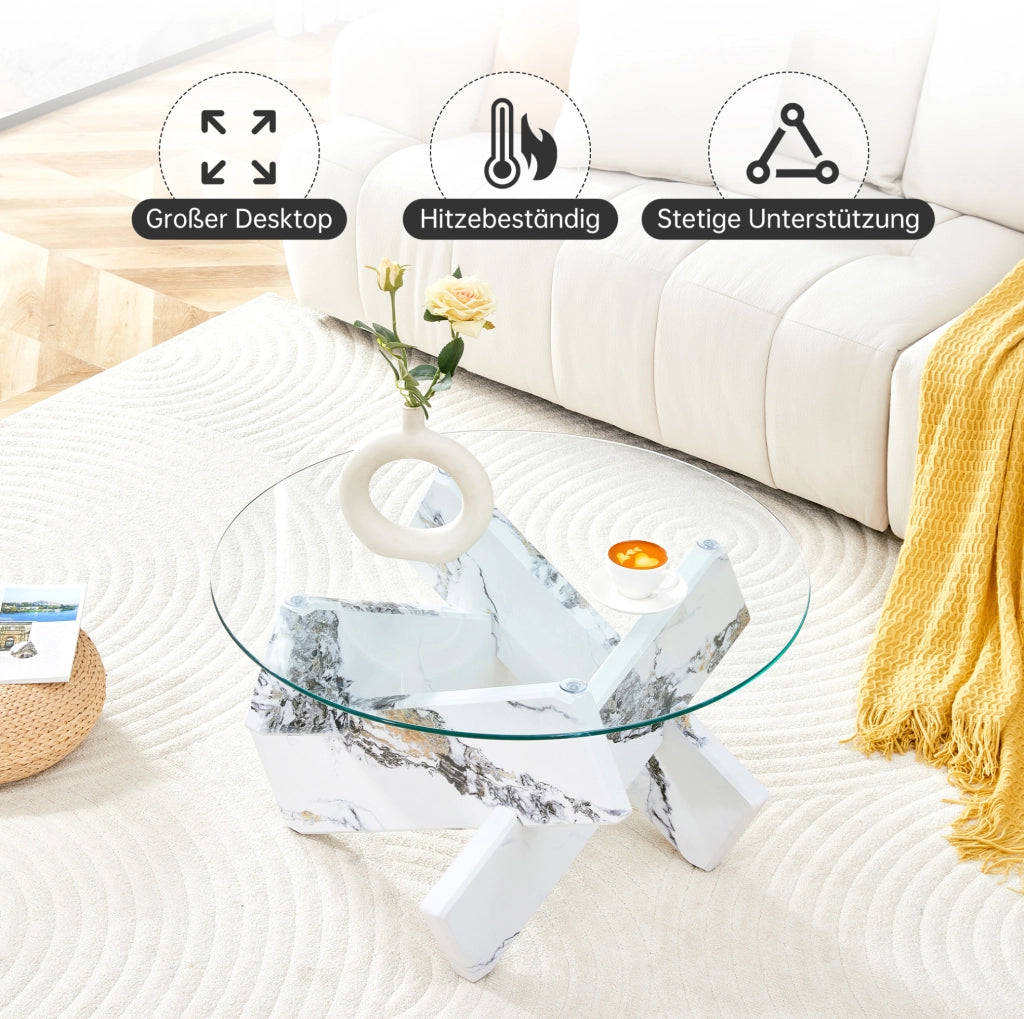 Tavolino da caffè rotondo ? 79 cm in MDF e vetro; bianco e trasparente