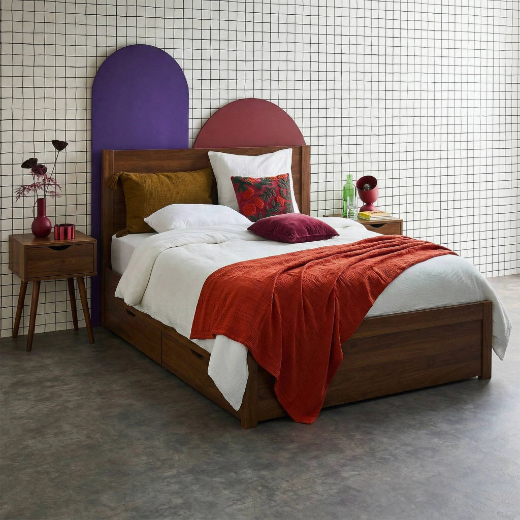 Letto con rete a doghe e testiera 140x190cm + 4 cassetti, noce