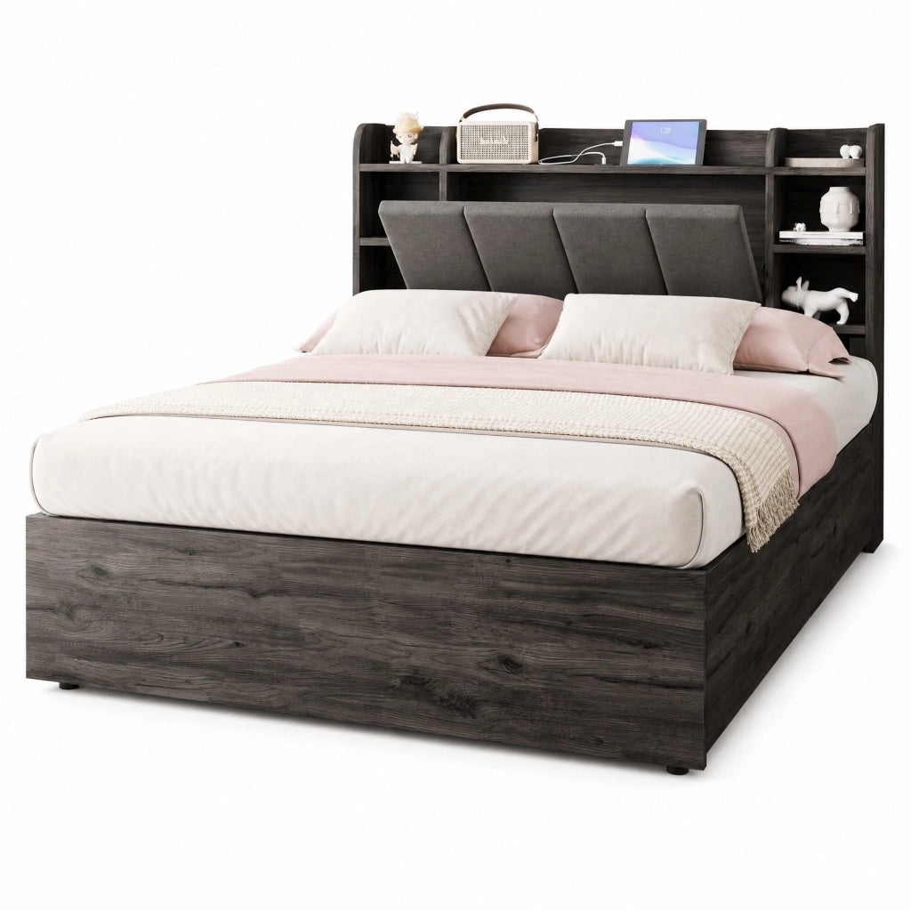 Letto singolo multifunzione 140x200 cm con contenitore idraulico; USB e USB-C; grigio