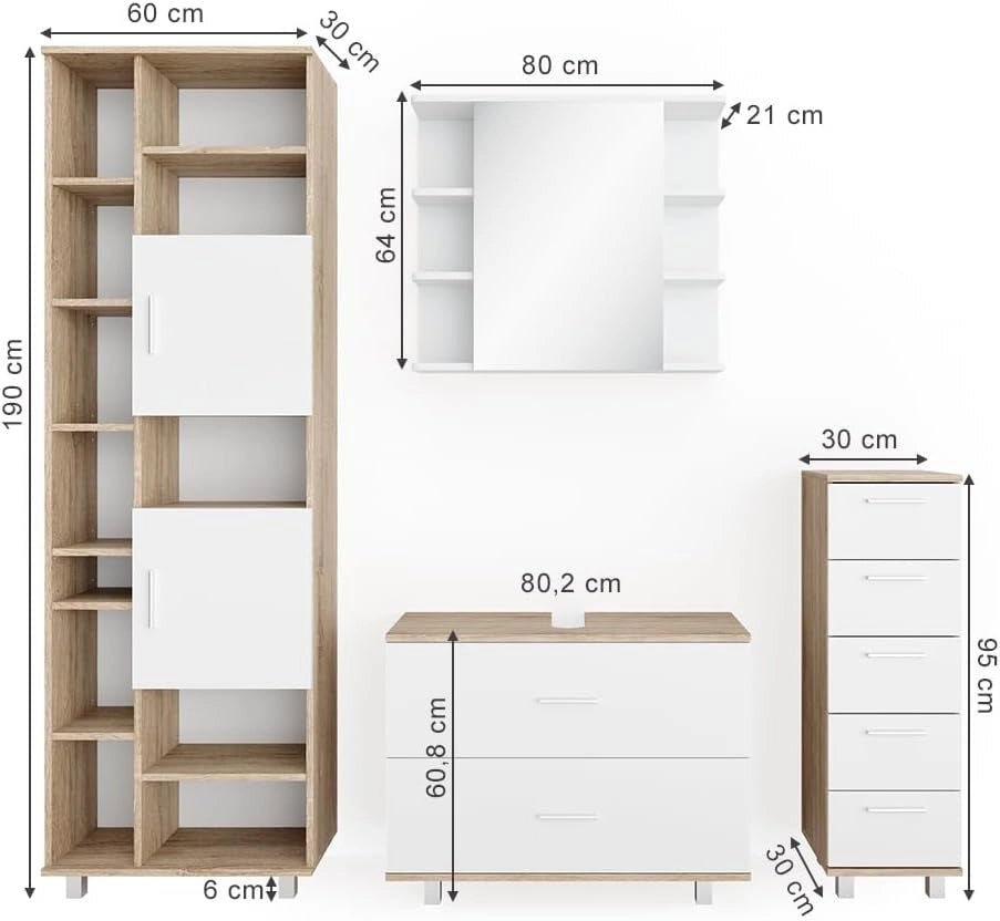 Set mobili bagno Ilias, Bianco/Sonoma, 80.2 cm, composto da mobile lavabo, pensile a specchio, colonna e base media