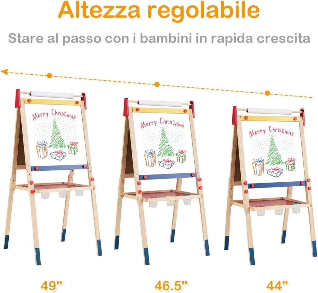 Cavalletto per Bambini 3 in 1, Lavagna Bifacciale, Cavalletto per Disegnare, con Rotolo di Carta, Lavagna Bianca Magnetica, Accessori Completi, in Legno (60x55x(112,5-124,5) cm)