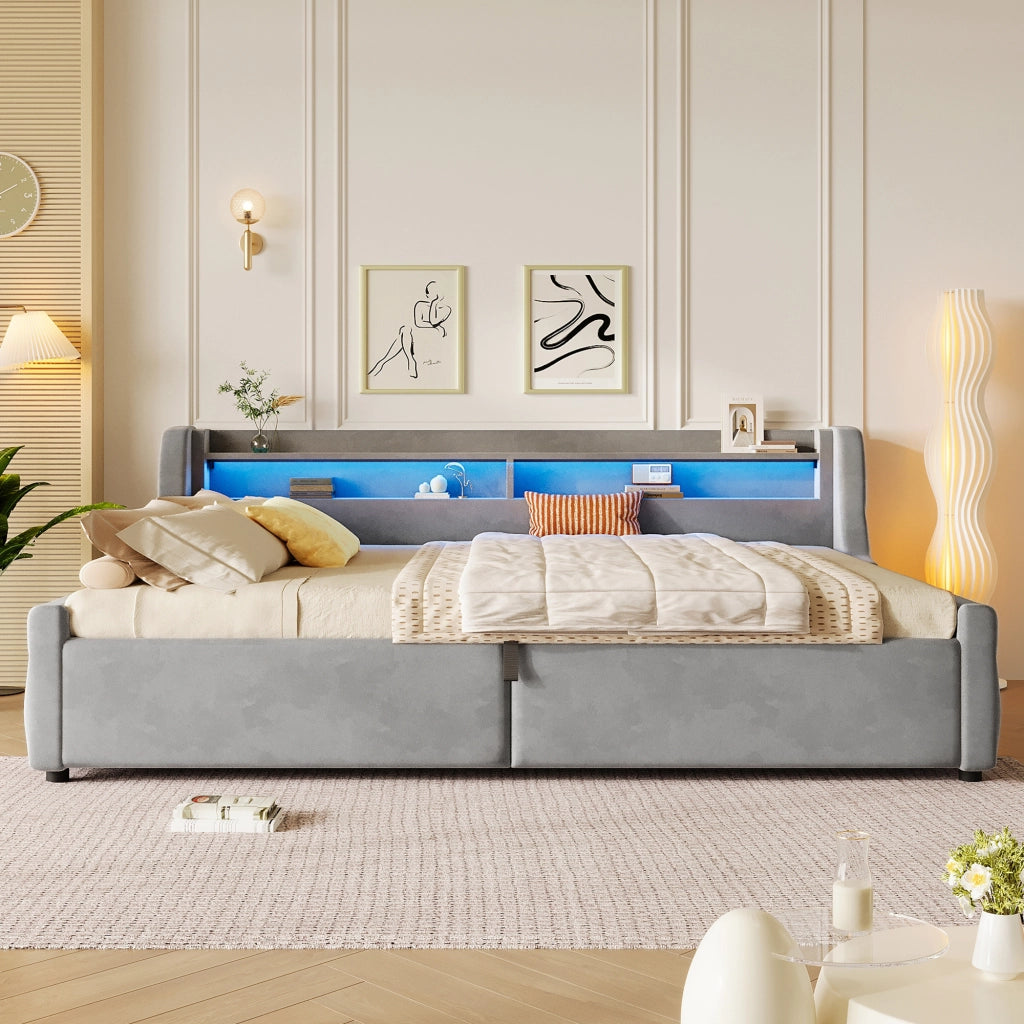 Letto Singolo 140x200 cm con Contenitore; LED Multicolore; in Flanella; Grigio