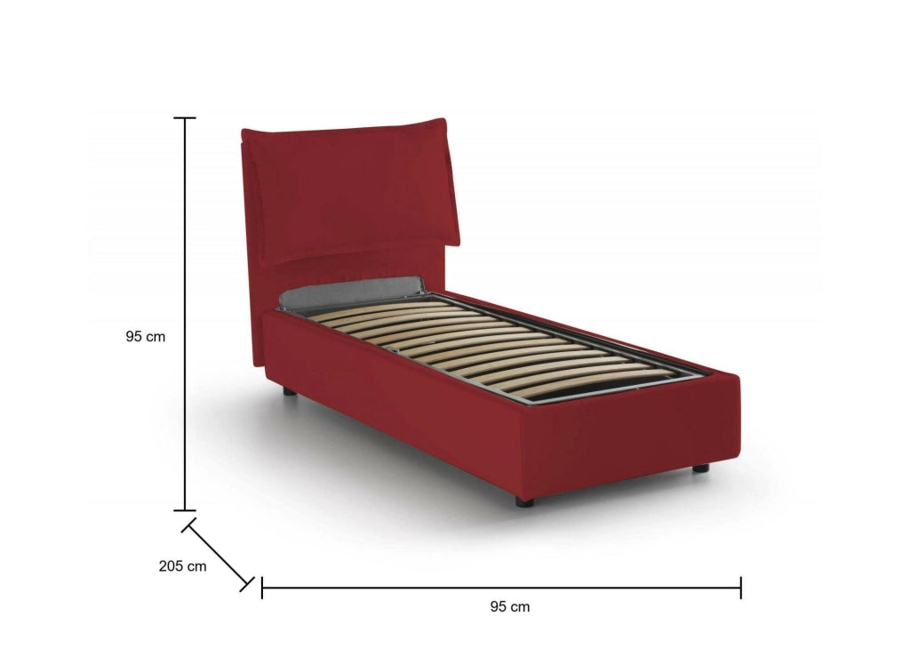 Letto singolo Alto, Letto contenitore con rivestimento in tessuto, Made in Italy, Apertura frontale, adatto per materasso cm 80x190, Rosso
