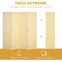 Paravento da Interno a 4 Ante Pieghevole Altezza 180cm, Legno e Bambù Stile Boho, Colore Naturale