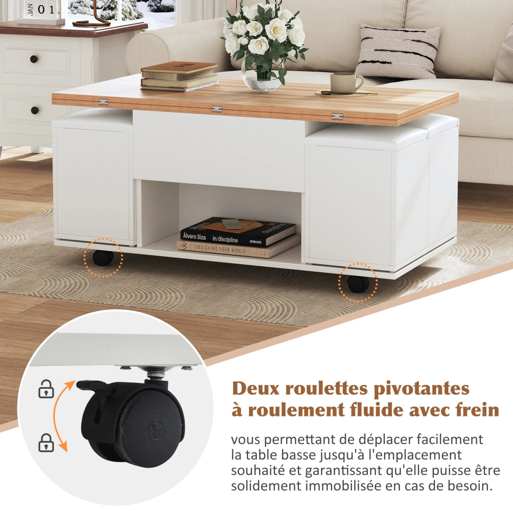Tavolino da salotto sollevabile 2 in 1 con contenitore; 100x100x63;5 cm; bianco e naturale