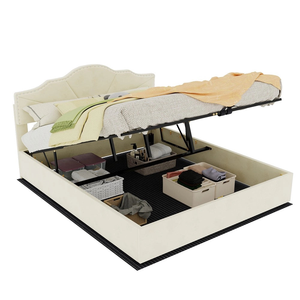 Letto Contenitore Imbottito ¨C MINIMAL ¨C Velluto Beige 160x200 con Idraulico
