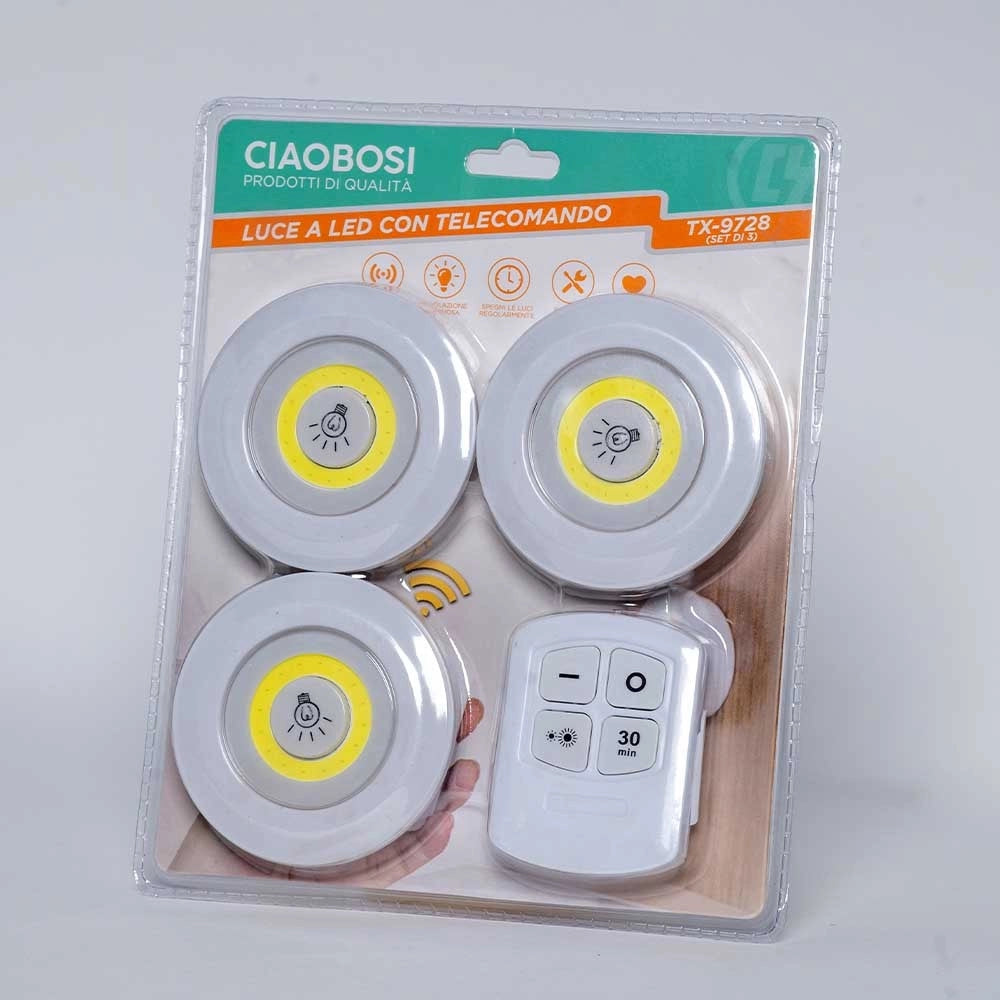 Trade Shop - Set 3 Luci Led Cob Con Telecomando Luce Regolabile Lampada Disco Armadio Tx-9728 -