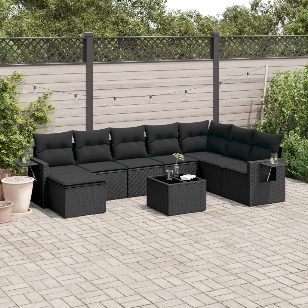Set Divani da Giardino 9 pz con Cuscini Nero in Polyrattan