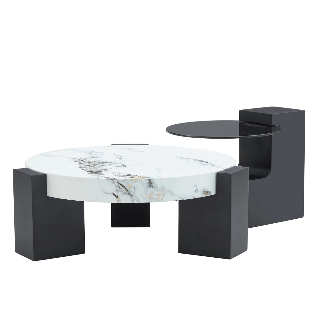TAVOLINO DA SALOTTO Set da 2 pezzi Ø61/44 cm MDF bianco effetto marmo e nero
