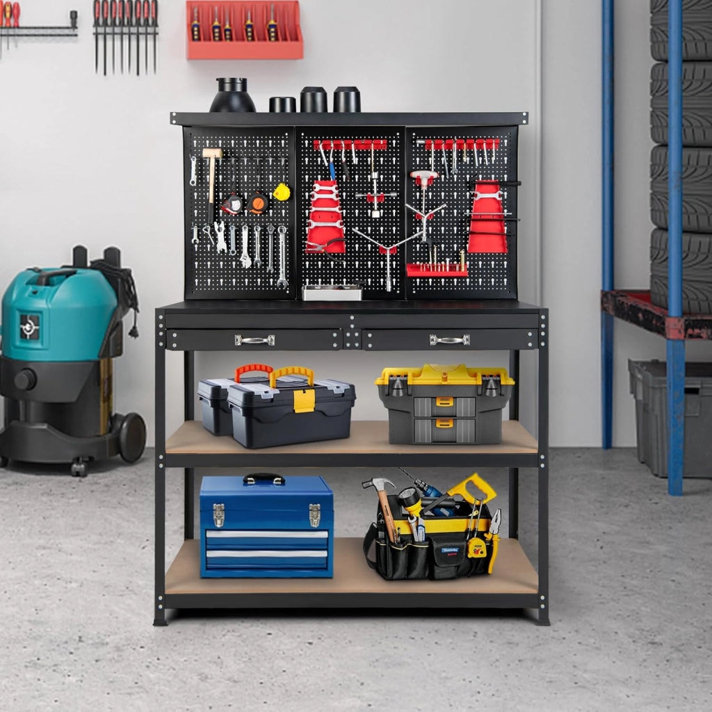 Banco da Lavoro, Organizer per Attrezzi in Metallo con 3 Pannelli Perforati con Kit di 25 Ganci, 2 Cassetti e 2 Ripiani, Banchi da Lavoro per Officina, Garage (Nero+Rosso, 121 X 61 X 156 CM)