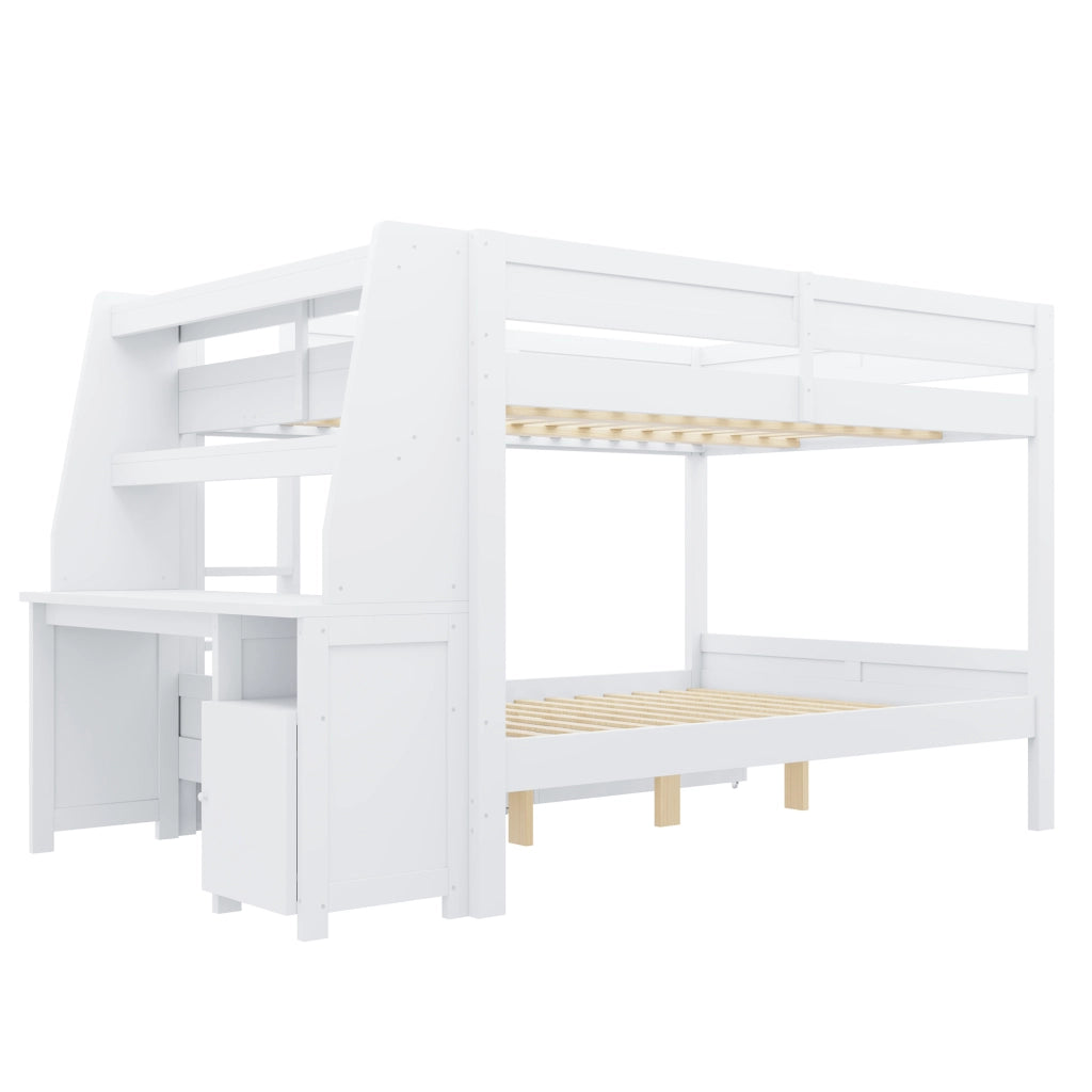 Letto a castello 140×200 cm con scrivania; armadio; ripiani e 2 cassetti; senza materasso; legno; bianco