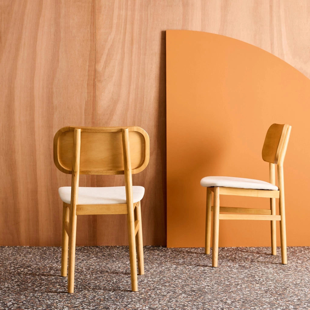 Set di 2 sedie vintage in legno di hevea e tessuto, marrone naturale
