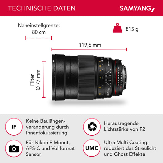 7492 Teleobiettivo fotografico 135mm F2.0 per Nikon F Mount AE – Full-frame e APS-C Obiettivo fisso per fotocamere F, Focus manuale – per D6, D5, D780, D850, D3500, D5600, D7500, D500