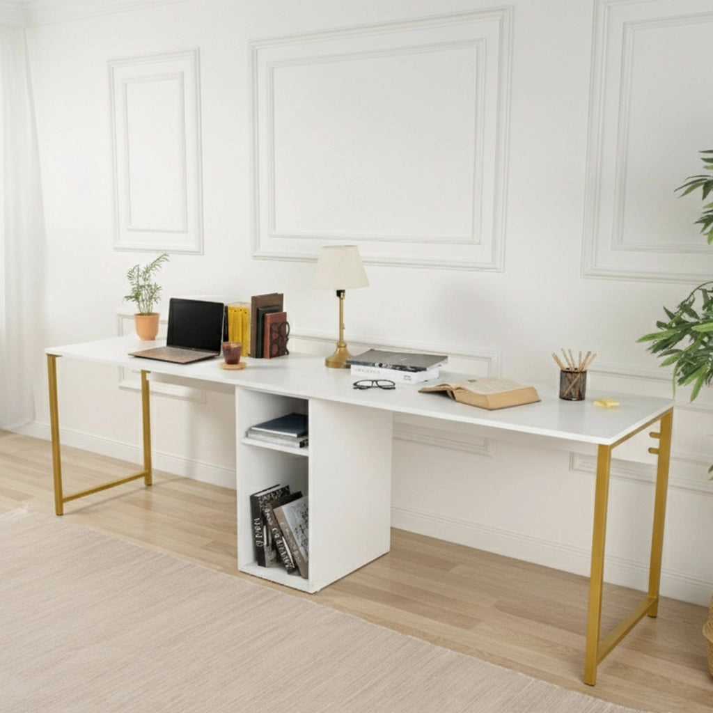 Scrivania Violet, Scrittoio multiuso, Tavolo per ufficio porta PC, Piano di lavoro, 240x60 h74 cm, Bianco e Oro