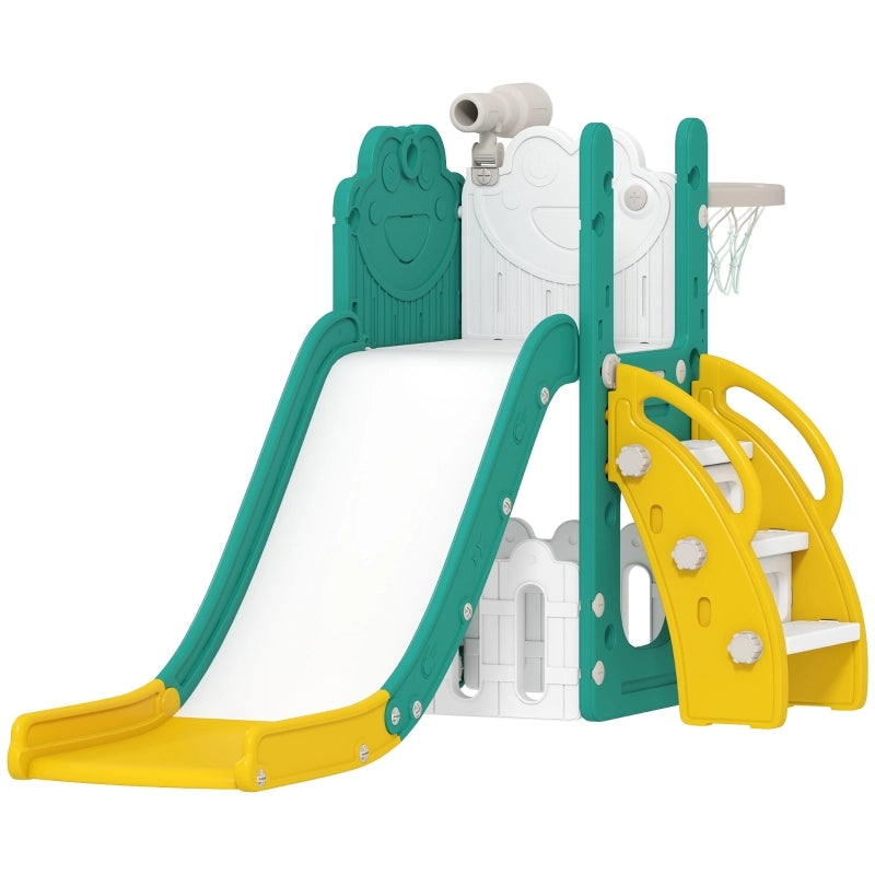 Set di scivoli 5 in 1 per bambini, telescopico, con canestro da basket, in plastica, giallo+verde