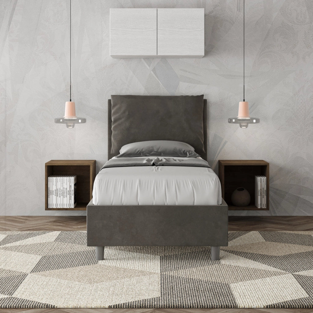 BS COM Letto singolo contenitore imbottito 80x200 microfibra grigio