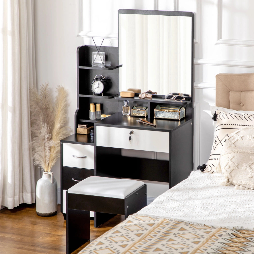 Scrivania da trucco con specchio e cassetti ¨C Zephmum ¨C Bianco e nero 90x50x75