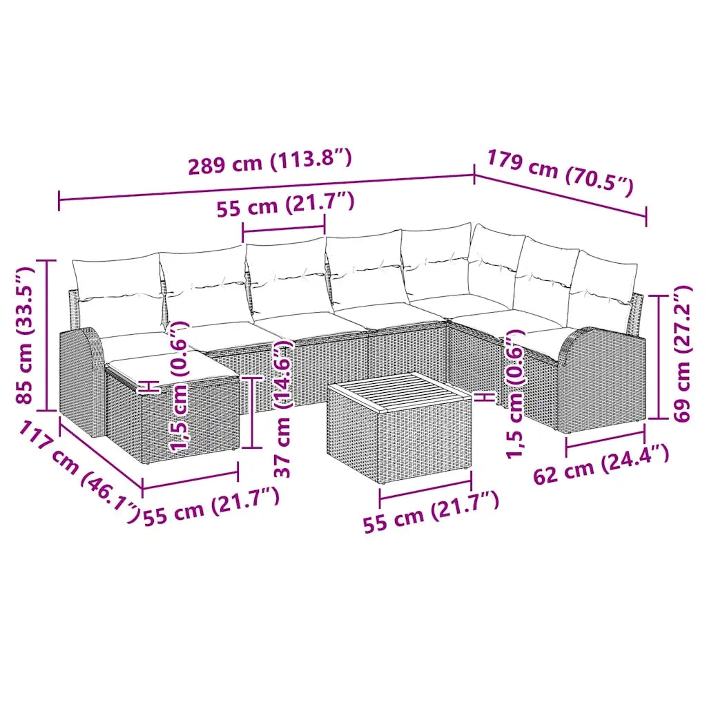Set Divano da Giardino con cuscino 9 pcs Nero polyrattan 3347614